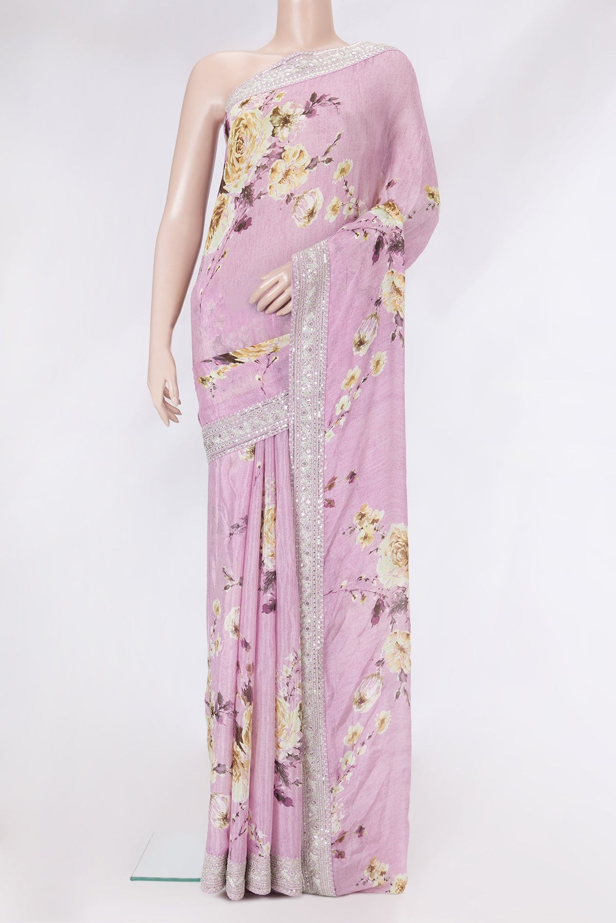 Pink Dual Tone Mysore Georgette Saree with Printed design on the body and Embroidery Border.  displayed on a mannequin