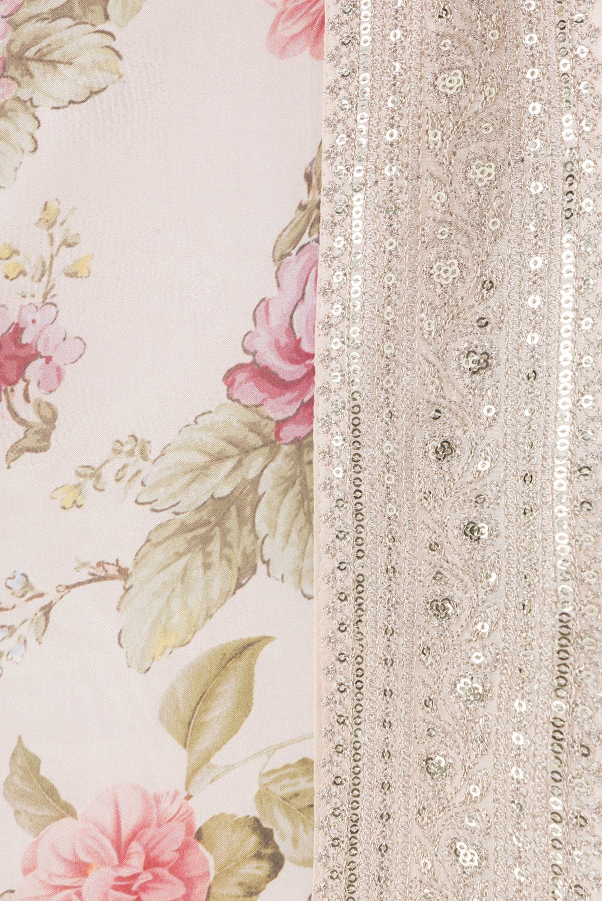 Border image of Rose Gold Dual Tone Mysore Crepe Saree with Printed design on the body and Embroidery Border. 