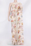 Rose Gold Dual Tone Mysore Crepe Saree with Printed design on the body and Embroidery Border.  displayed on a mannequin