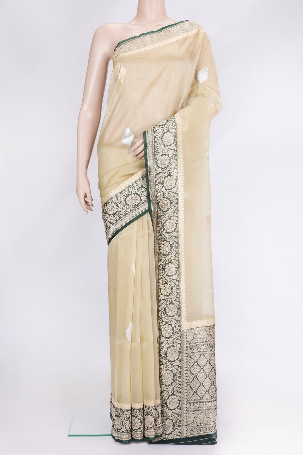 Sandal Dual Tone Organza Silk Saree with Zari Butta on the body and Zari Border.  displayed on a mannequin