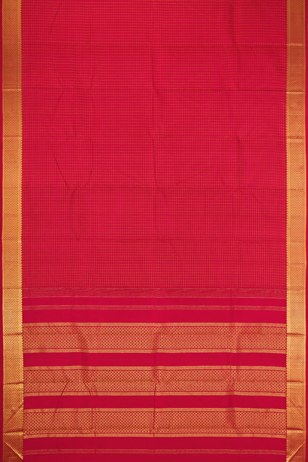 Flat view of Maroon Kanchipuram Silk Saree with Checked design on the body and Zari Border. 