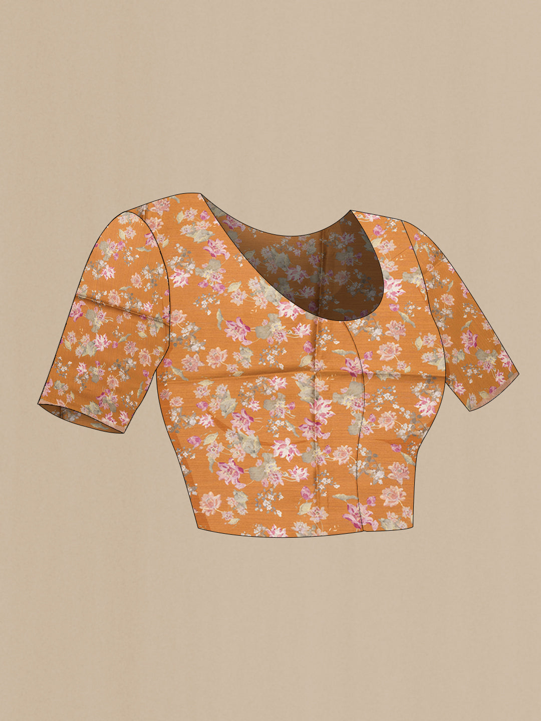 Close up image of the blouse of Mustard Tussar Silk Saree with Printed design on the body and Zari Border. 