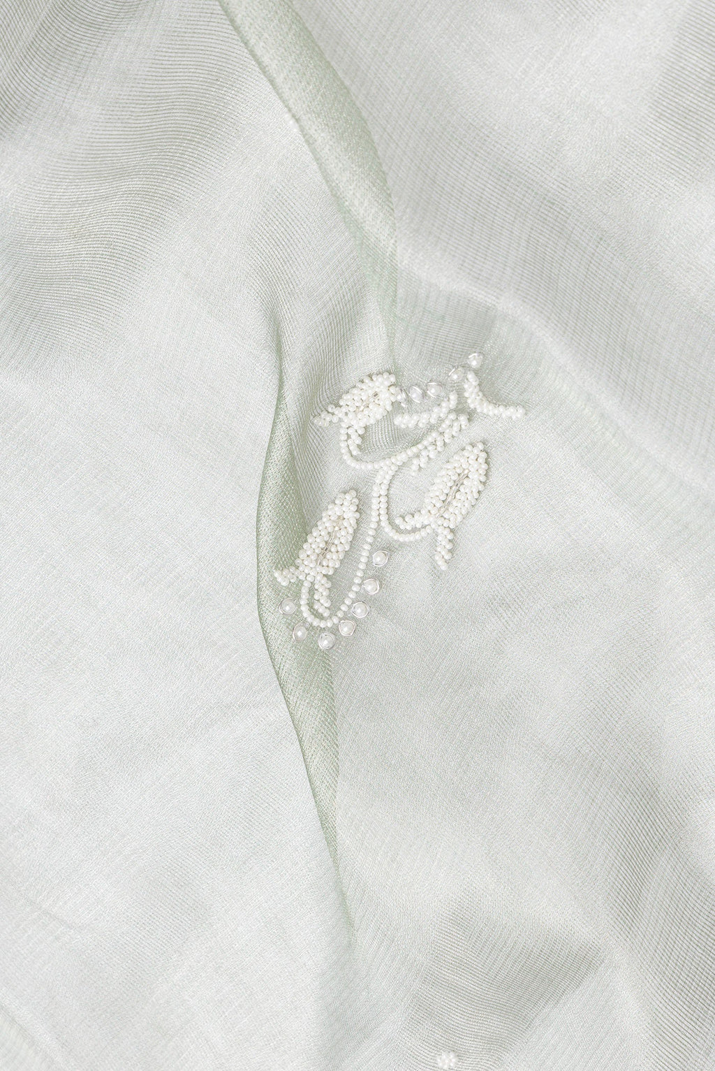 Close up of Pista Green Dual Tone Organza Silk Saree with Embroidery on the body and Embroidery Border.  displaying folds