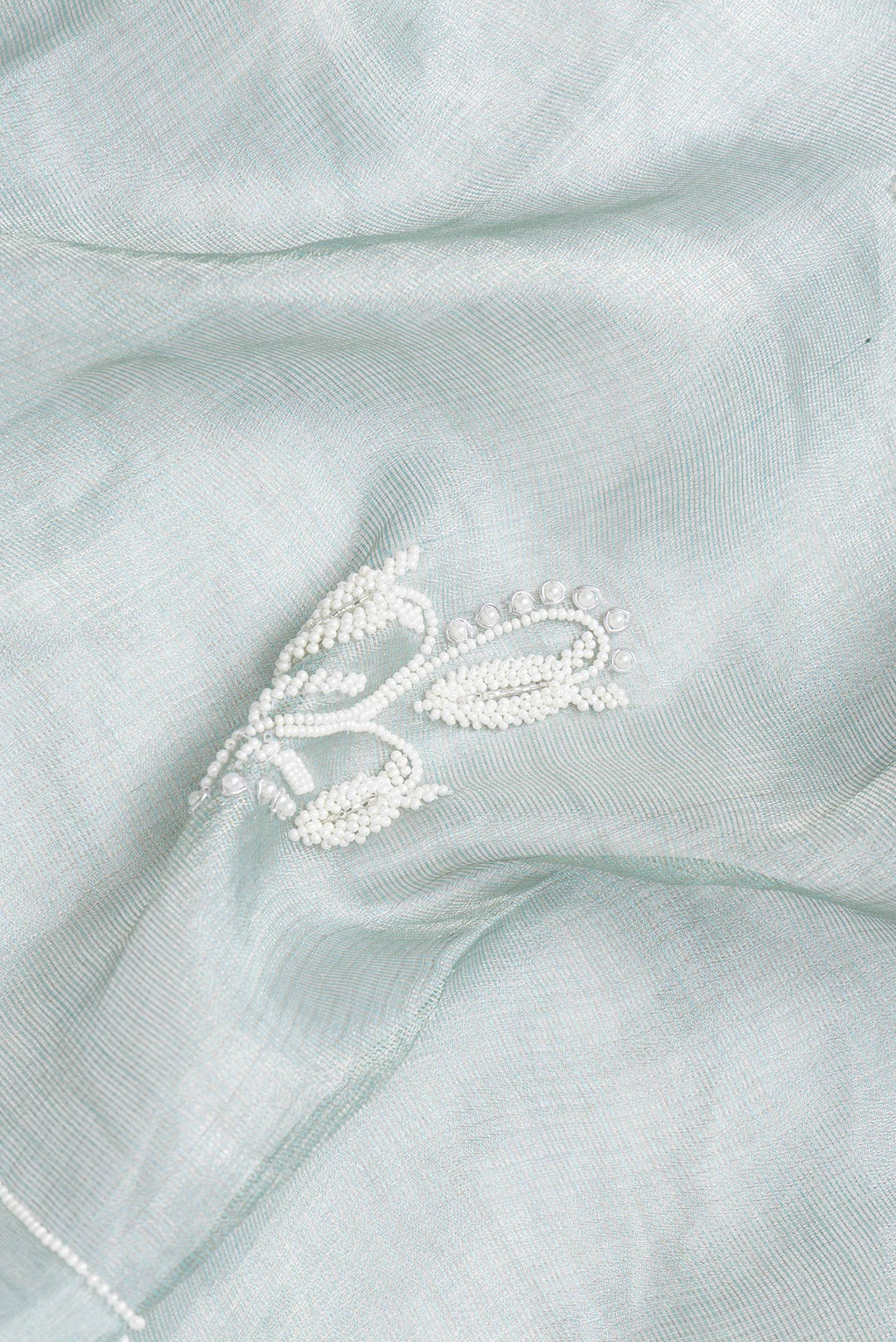 Close up of Light Green Dual Tone Organza Silk Saree with Embroidery on the body and Embroidery Border.  displaying folds