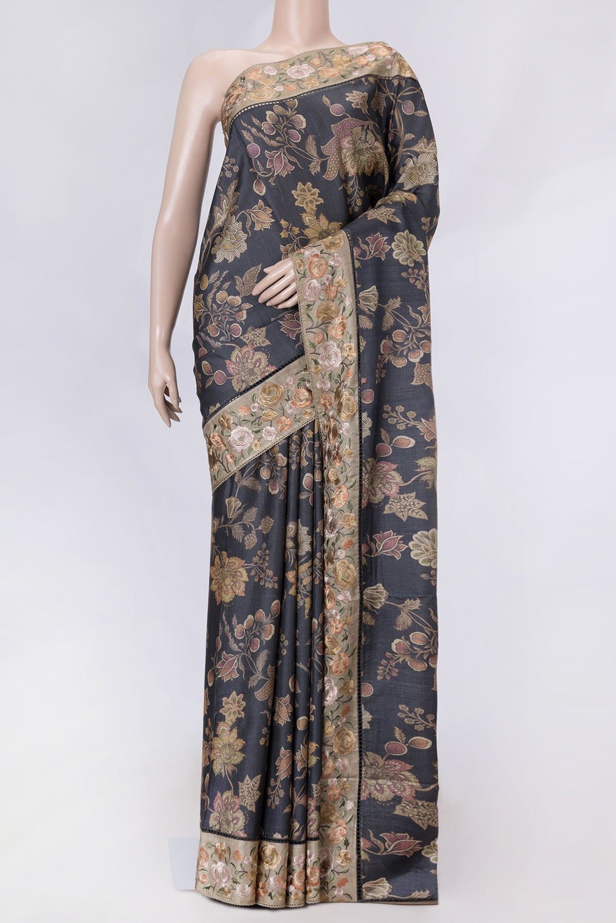 Black Dual Tone Tussar Saree with Printed design on the body and Embroidery Border displayed on a mannequin