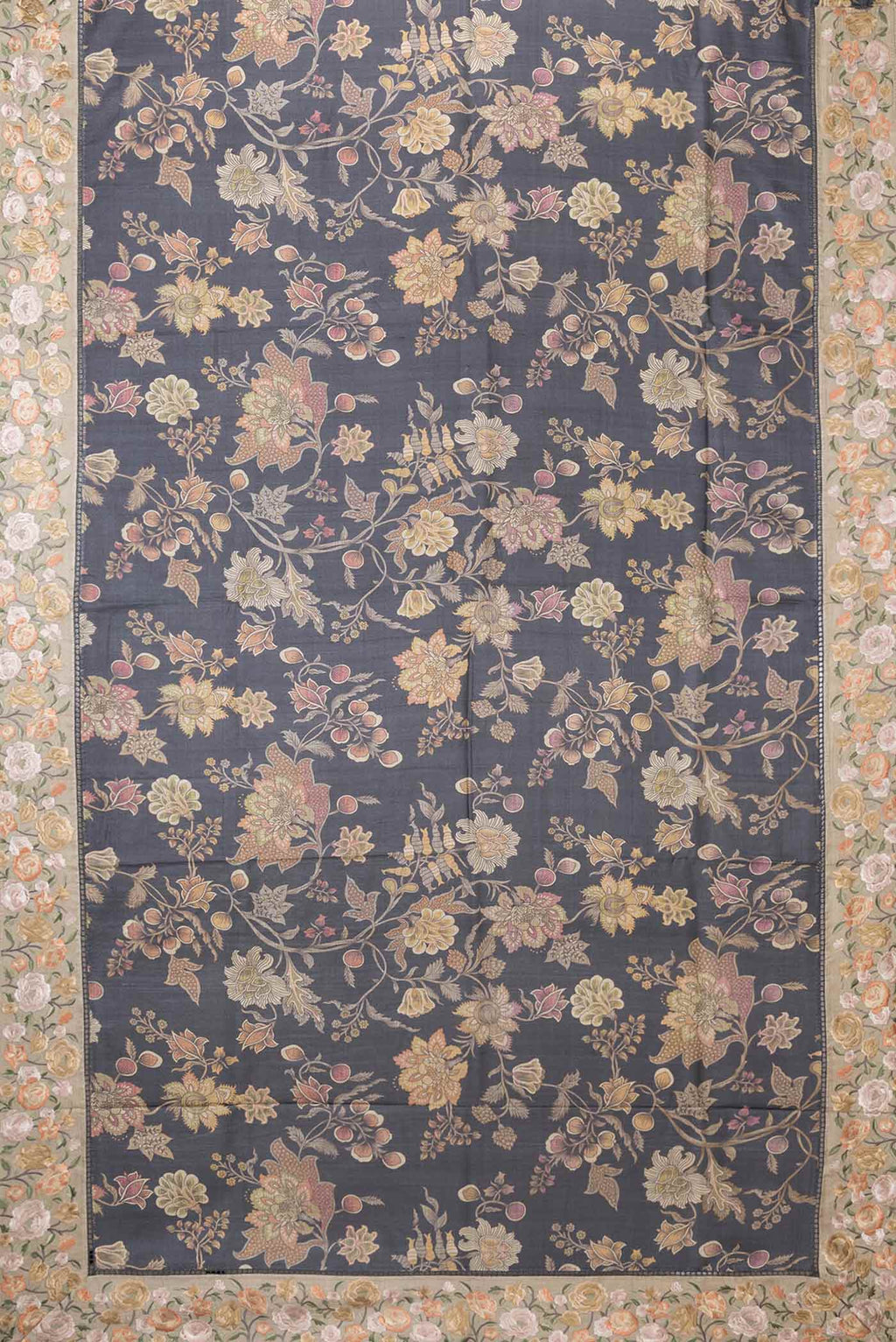 Flat view of Black Dual Tone Tussar Saree with Printed design on the body and Embroidery Border