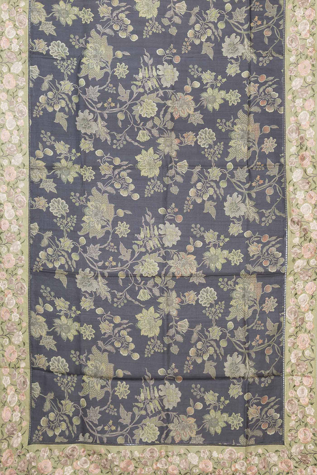 Flat view of Black Dual Tone Tussar Saree with Printed design on the body and Embroidery Border