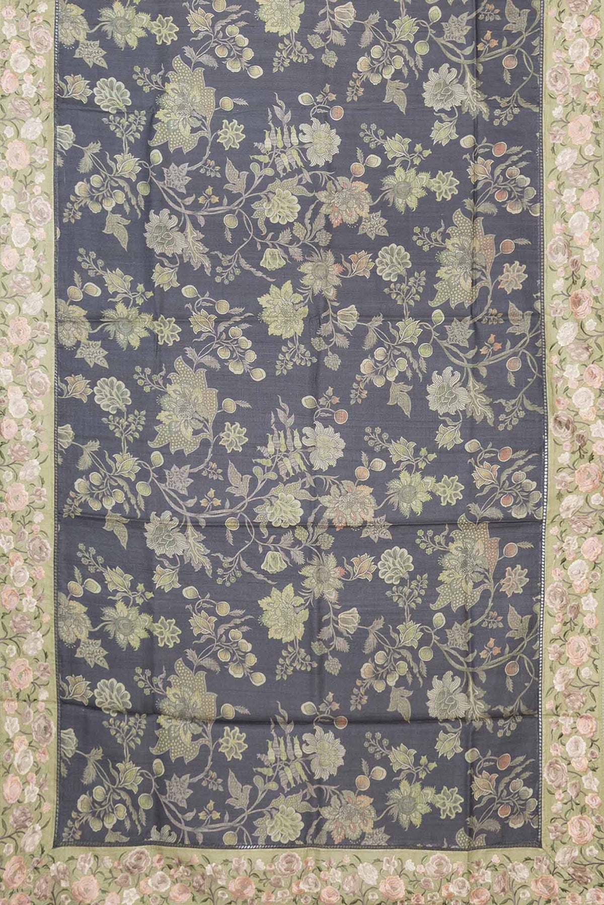 Flat view of Black Dual Tone Tussar Saree with Printed design on the body and Embroidery Border