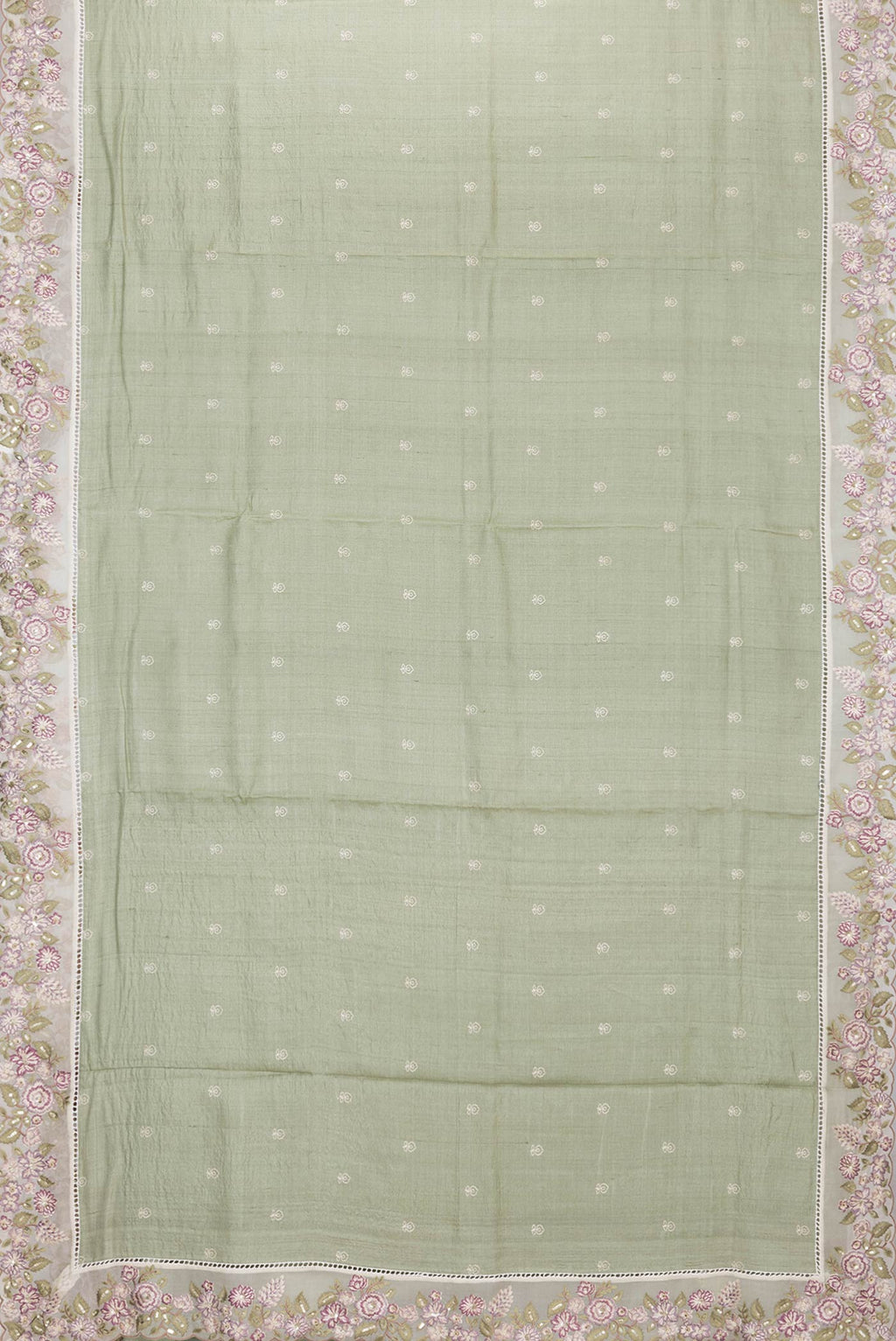 Flat view of Sage Green Tussar Silk Saree with Embroidery on the body and Embroidery Border