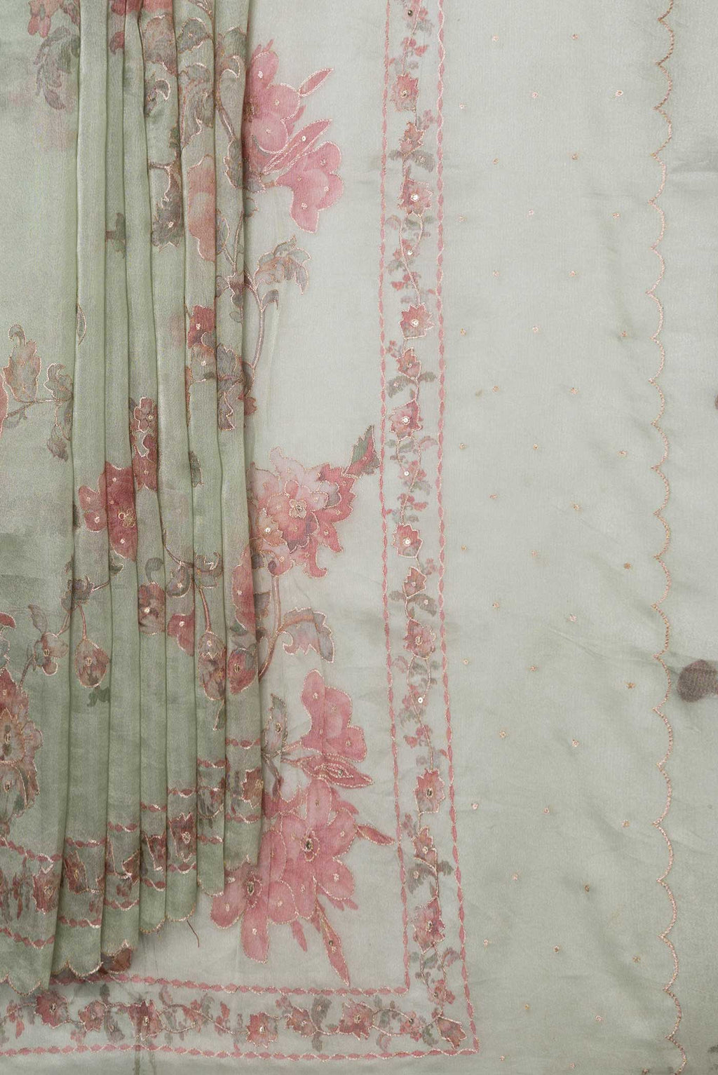 Pleats and pallu of Pista Green Dual Tone Organza Silk Saree with Embroidery on the body and Embroidery Border