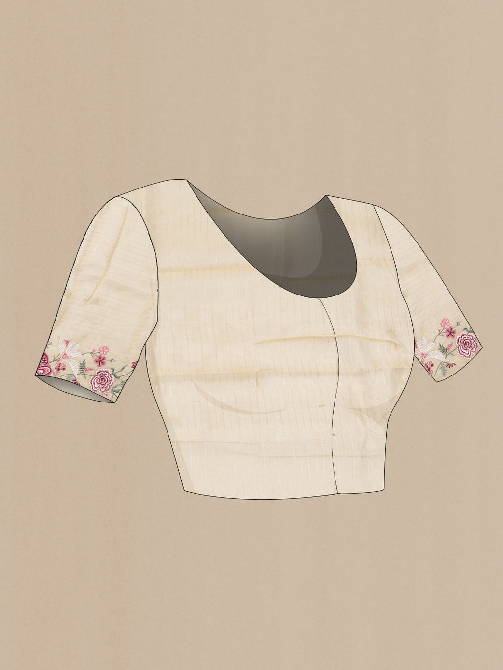 Close up image of the blouse of Sandal Dual Tone Organza Silk Saree with Stripes on the body and Embroidery Border