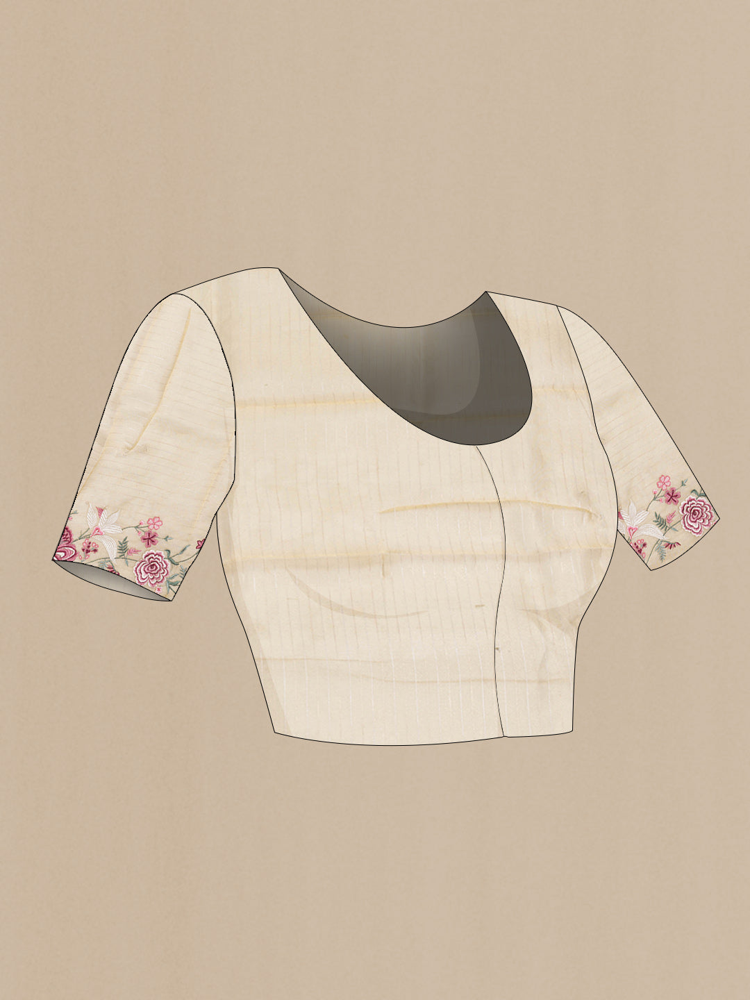 Close up image of the blouse of Sandal Dual Tone Organza Silk Saree with Stripes on the body and Embroidery Border