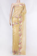 Sandal Dual Tone Organza Silk Saree with Stripes on the body and Embroidery Border displayed on a mannequin