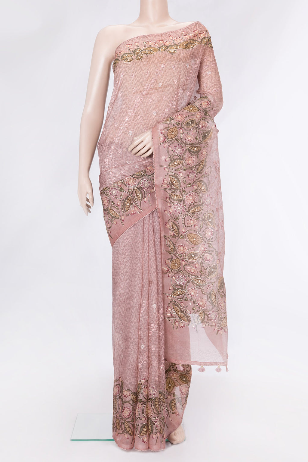 Pink Dual Tone Organza Silk Saree with Embroidery on the body and Embroidery Border.  displayed on a mannequin