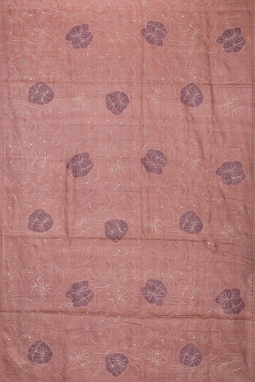 Flat view of Golden Peach Dual Tone Tussar Silk Saree with Embroidery on the body and Embroidery Border. 