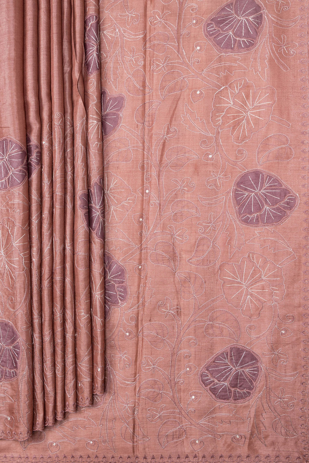 Pleats and pallu of Golden Peach Dual Tone Tussar Silk Saree with Embroidery on the body and Embroidery Border. 