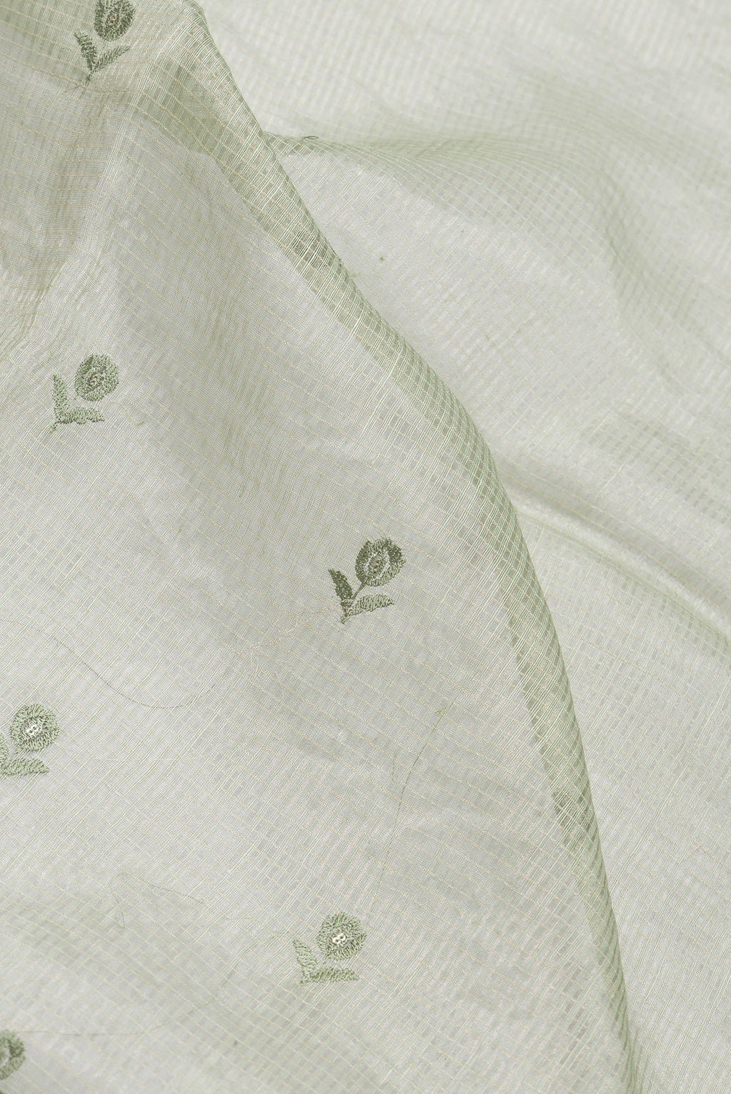 Close up of Pista Green Dual Tone Organza Silk Saree with Embroidery on the body and Embroidery Border.  displaying folds
