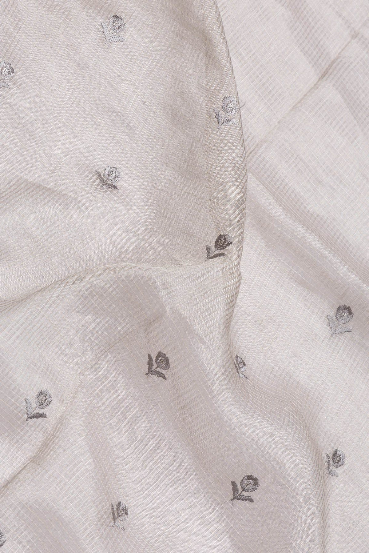 Close up of Grey Dual Tone Organza Silk Saree with Embroidery on the body and Embroidery Border.  displaying folds