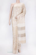 Beige Dual Tone Tussar Silk Saree with Embroidery on the body and Thread Border.  displayed on a mannequin