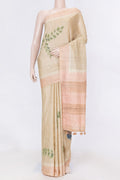 Beige Dual Tone Tussar SareePrinted design on the body and Embroidery Border displayed on a mannequin