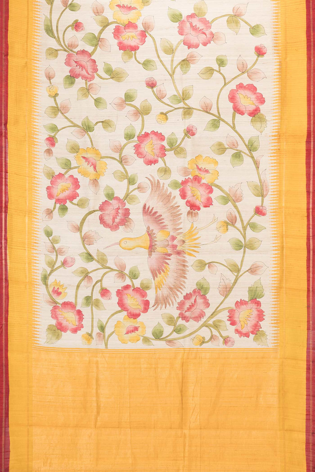 Flat view of Beige Dual Tone Tussar Saree with Printed design on the body and Zari Border