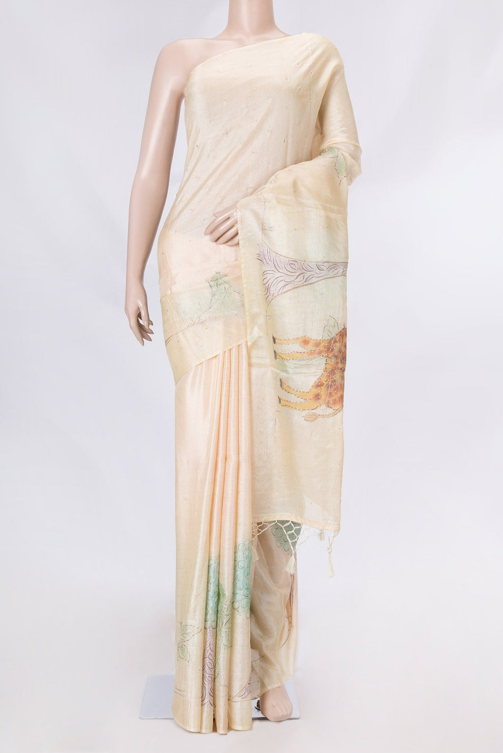 Beige Dual Tone Tussar Saree with Embroidery on the body and Embroidery Border displayed on a mannequin