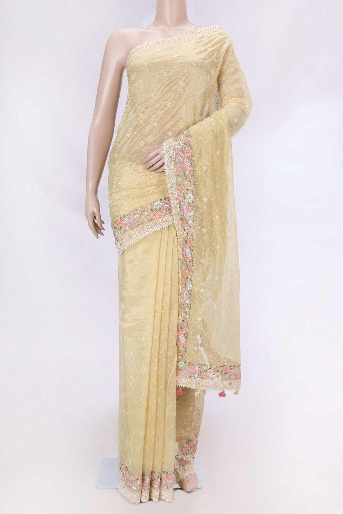 Yellow Dual Tone Kota Silk Saree with Embroidery on the body and Embroidery Border displayed on a mannequin
