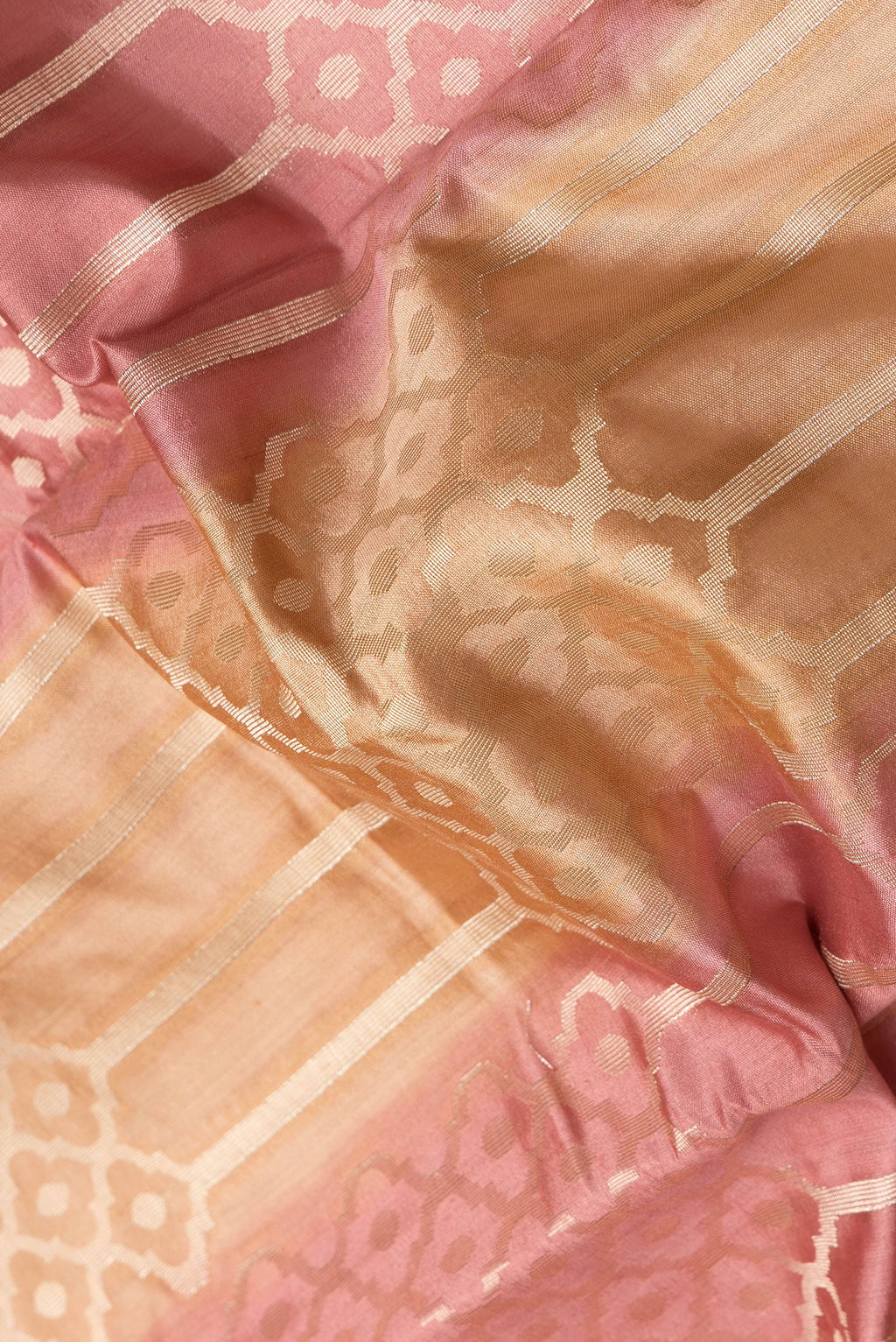 Close up of Multi Color Banarasi Raw Silk Saree with Zari Brocade on the body and Zari Border.  displaying folds