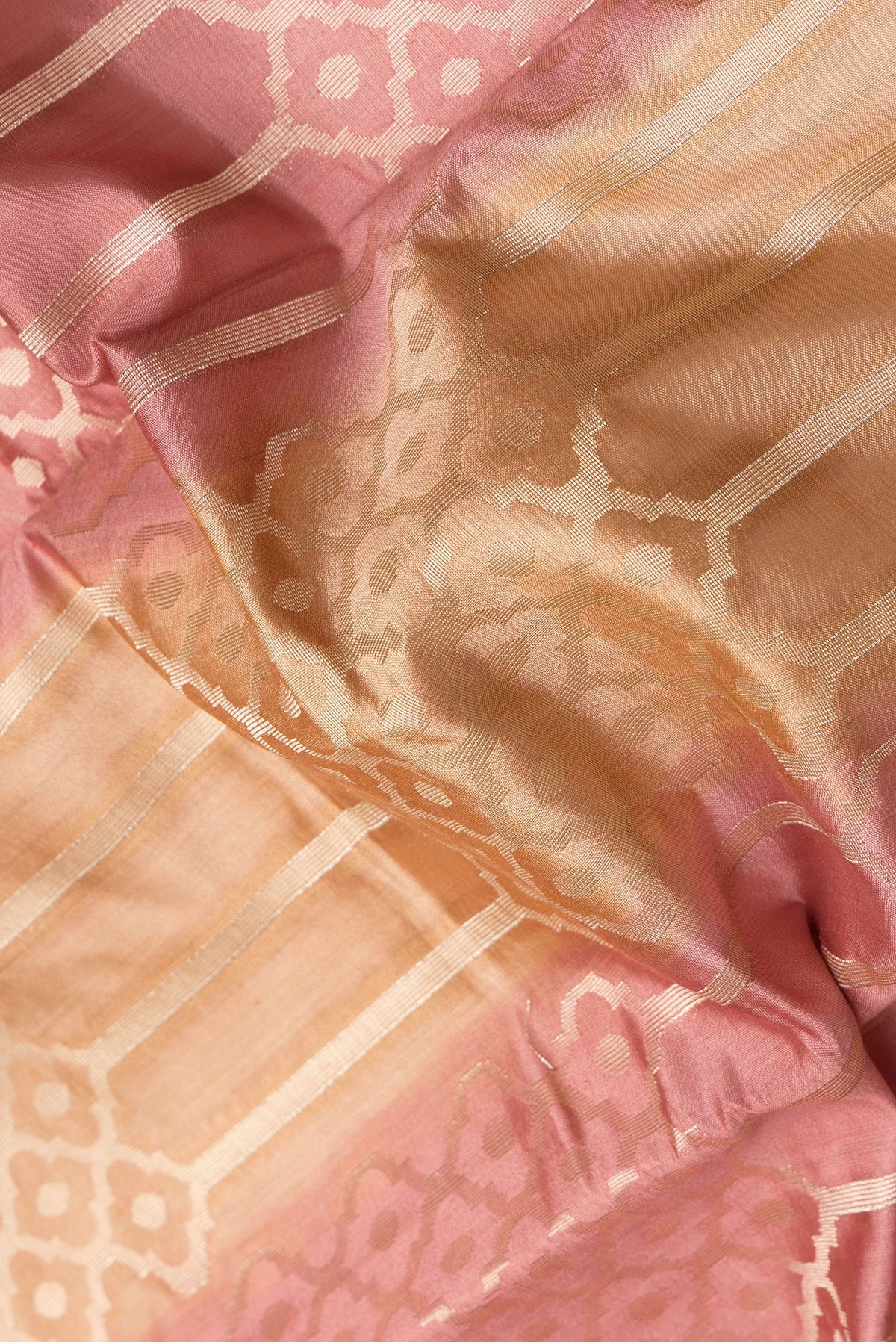 Close up of Multi Color Banarasi Raw Silk Saree with Zari Brocade on the body and Zari Border.  displaying folds
