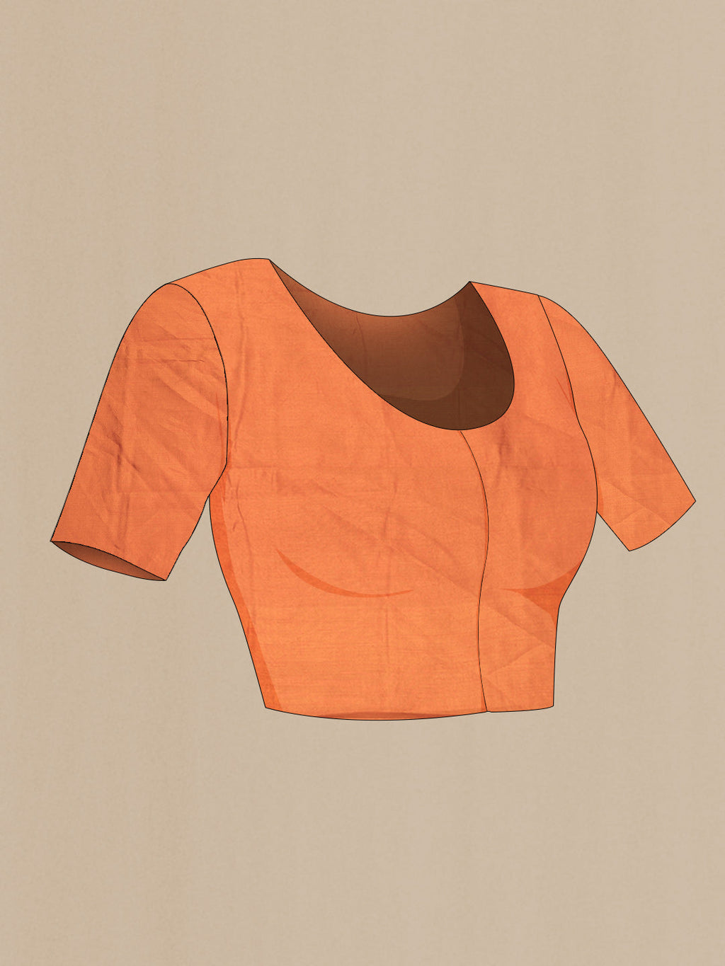 Close up image of the blouse of Orange Banarasi Raw Silk Saree with Stripes on the body and Zari Border