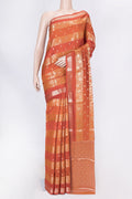 Orange Banarasi Raw Silk Saree with Stripes on the body and Zari Border displayed on a mannequin