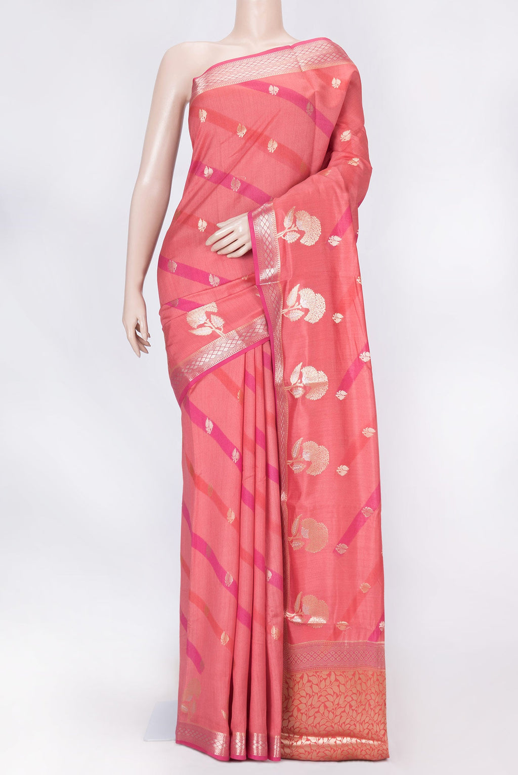 Coral Banarasi Raw Silk Saree with Zari Butta on the body and Zari Border displayed on a mannequin