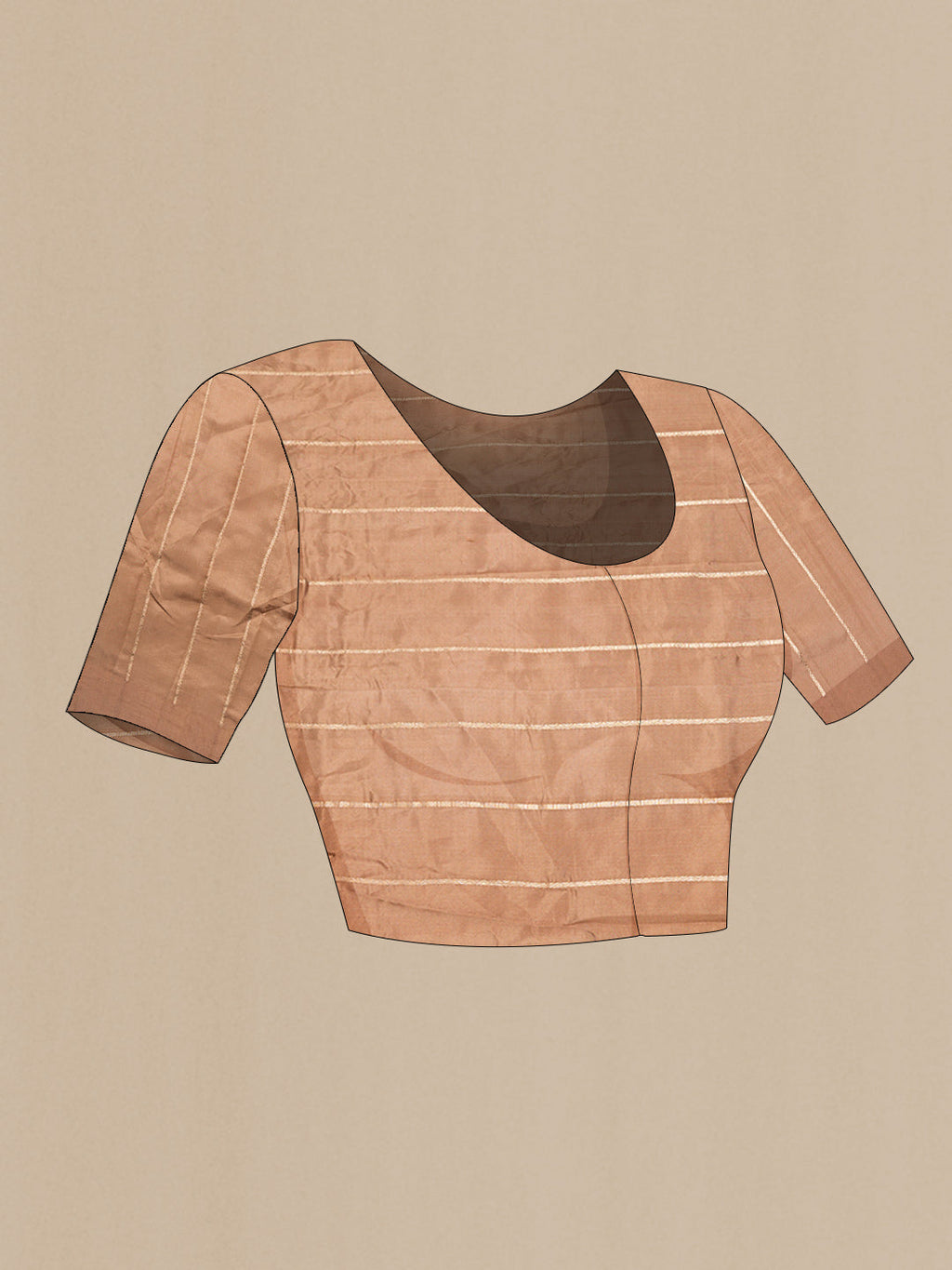 Close up image of the blouse of Brown and Sandal Color Tussar Silk Saree with Zari Butta on the body and Plain Border