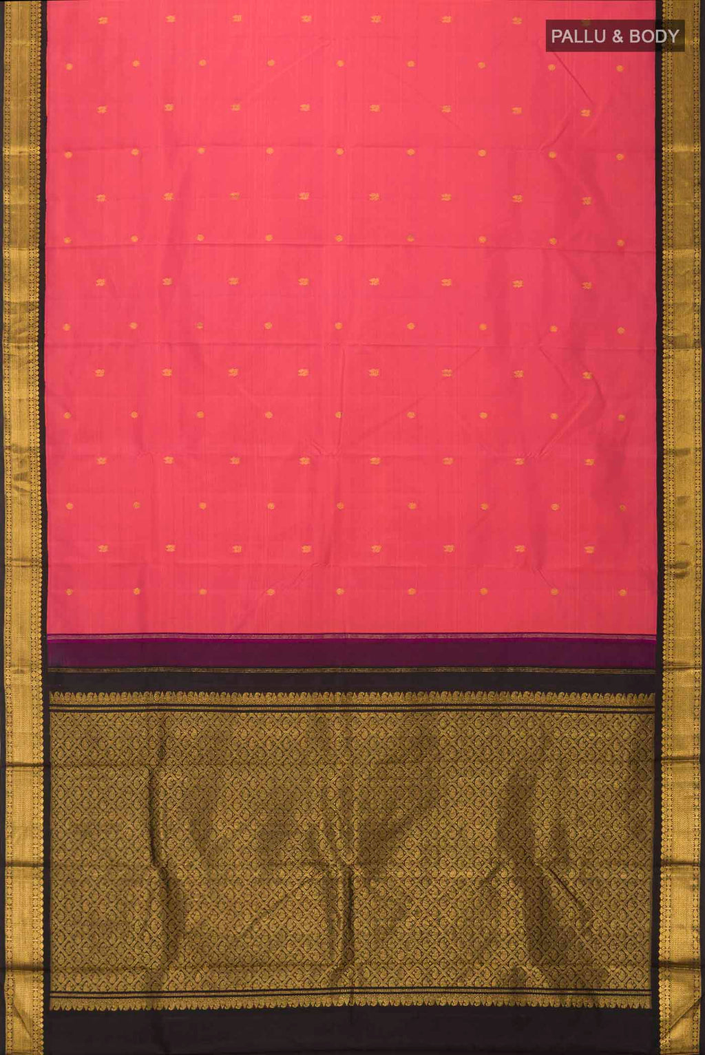 Flat view of Pink Kanchipuram Silk Saree with Zari Butta on the body and Zari Border