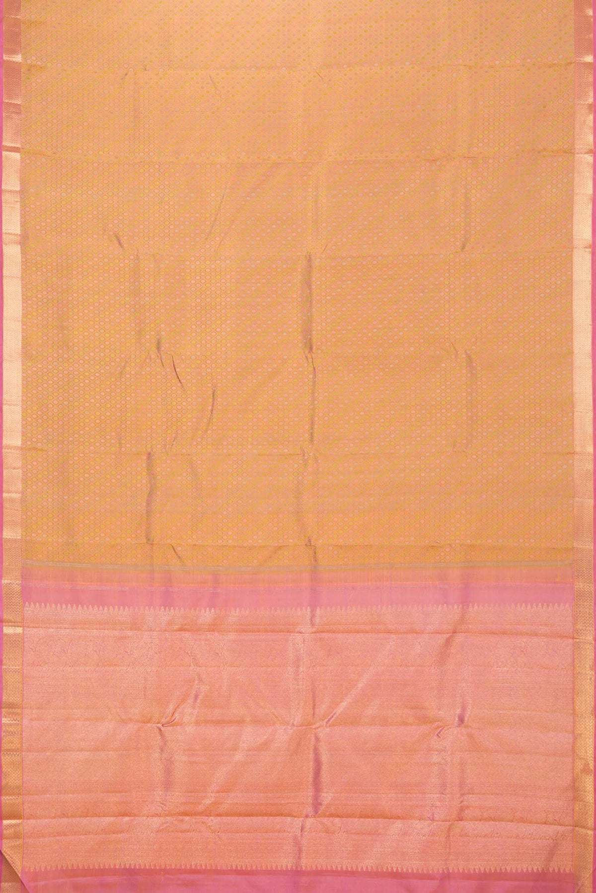 Flat view of Pure Silk Pure Zari Mustard Dual Tone Kanchipuram Saree with Jacquard design on the body and Zari Border