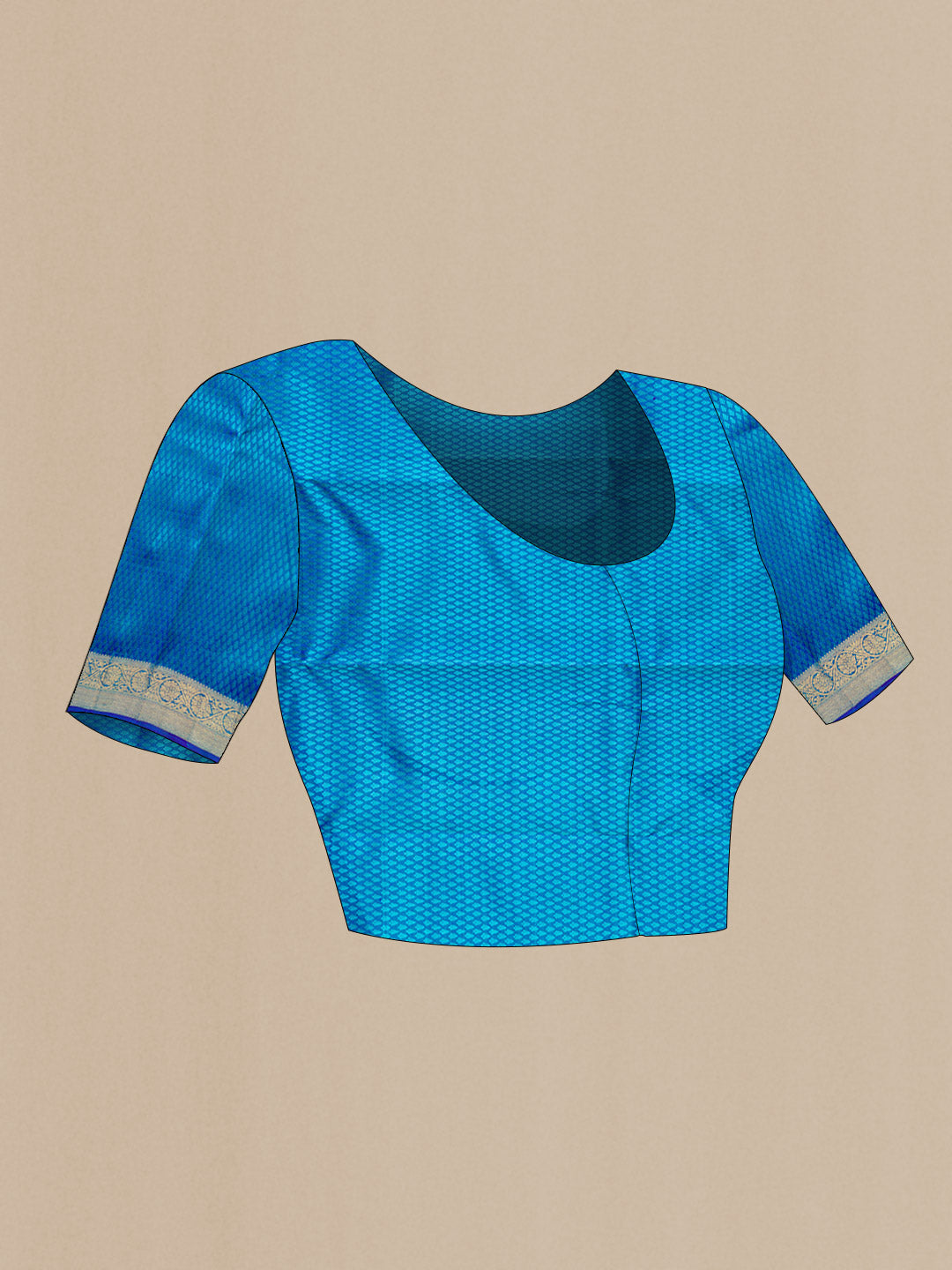Close up image of the blouse of Pure Silk Pure Zari Peacock Blue Dual Tone Kanchipuram Saree with Jacquard With Zari Butta on the body and Zari Border. 