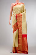 Sandal Dual Tone Kanchipuram Silk Saree with Jacquard design on the body and Zari Border.  displayed on a mannequin