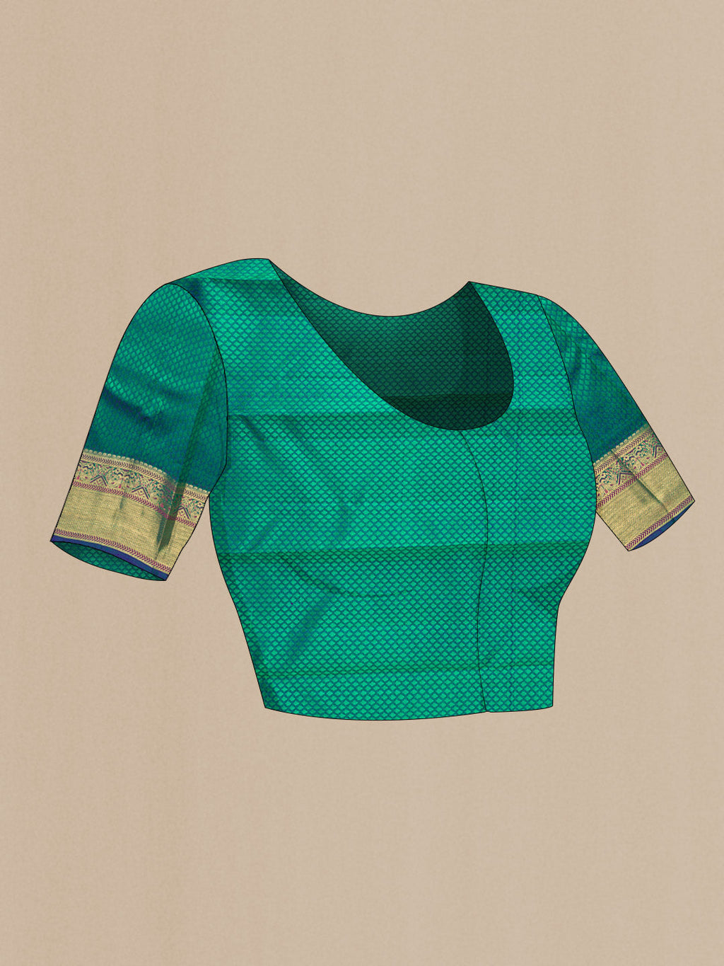 Close up image of the blouse of Pure Silk Pure Zari Green Dual Tone Kanchipuram Saree with Jacquard With Zari Butta on the body and Zari Border. 