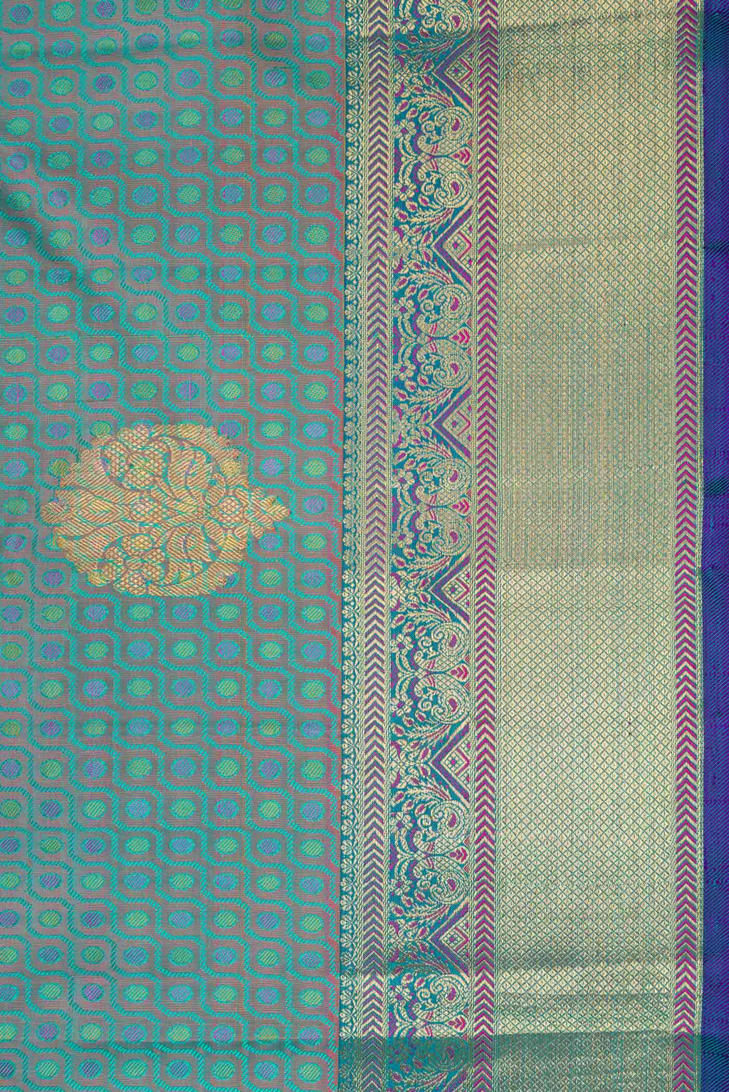 Border image of Pure Silk Pure Zari Peacock Blue Dual Tone Kanchipuram Saree with Jacquard With Zari Butta on the body and Zari Border. 
