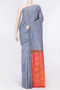 Grey Dual Tone Kanchipuram Saree with Zari Butta on the body and Without Border displayed on a mannequin