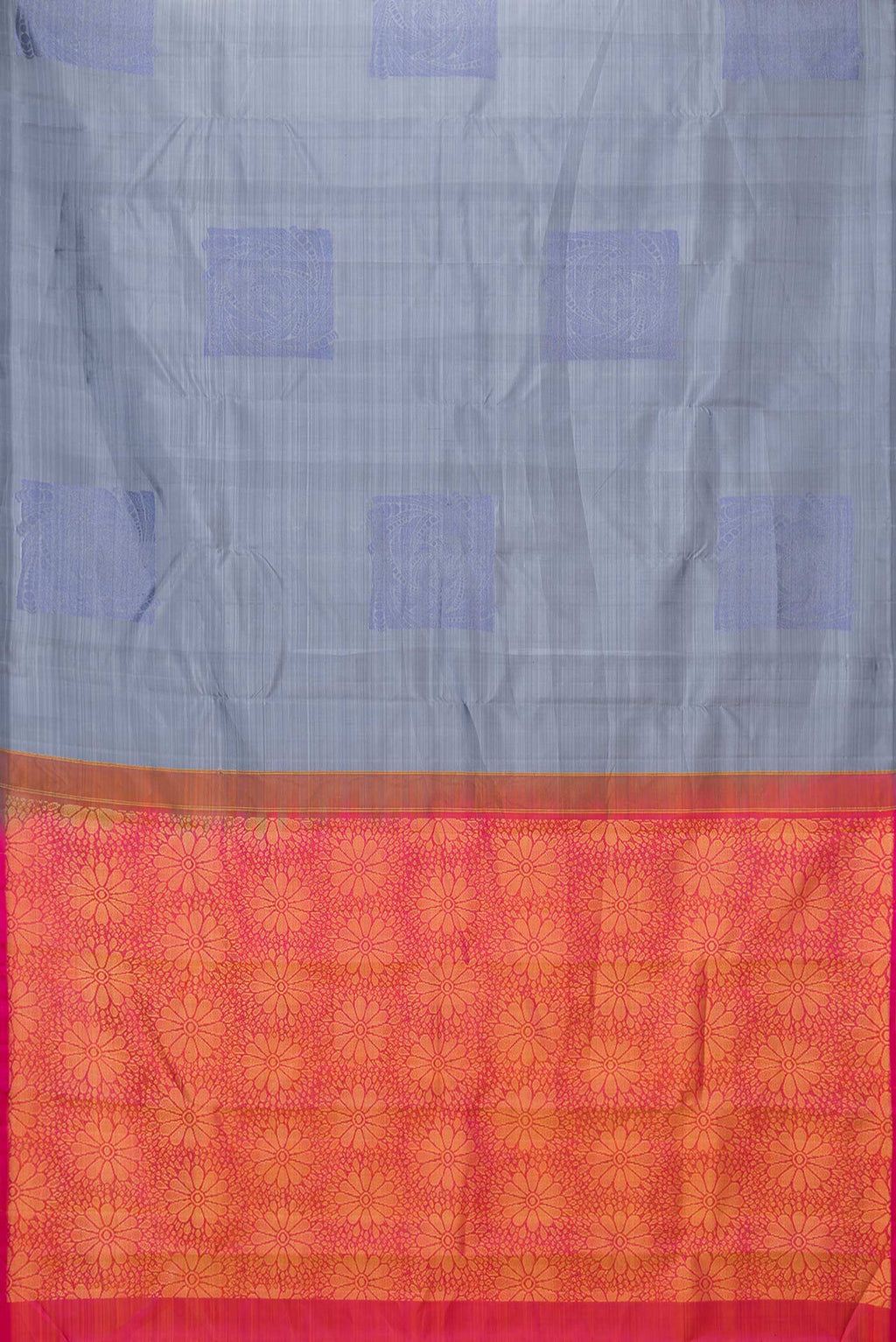 Flat view of Grey Dual Tone Kanchipuram Saree with Zari Butta on the body and Without Border