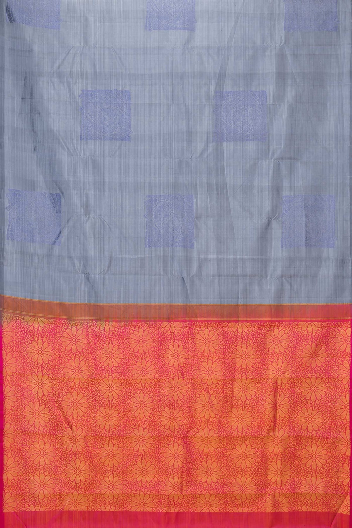 Flat view of Grey Dual Tone Kanchipuram Saree with Zari Butta on the body and Without Border
