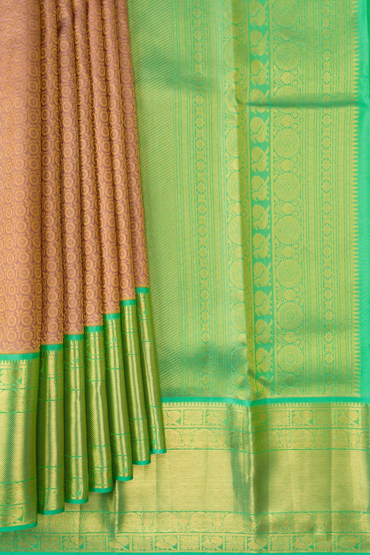 Pleats and pallu of Rose Gold Dual Tone Kanchipuram Silk Saree with Zari Brocade on the body and Zari Border. 