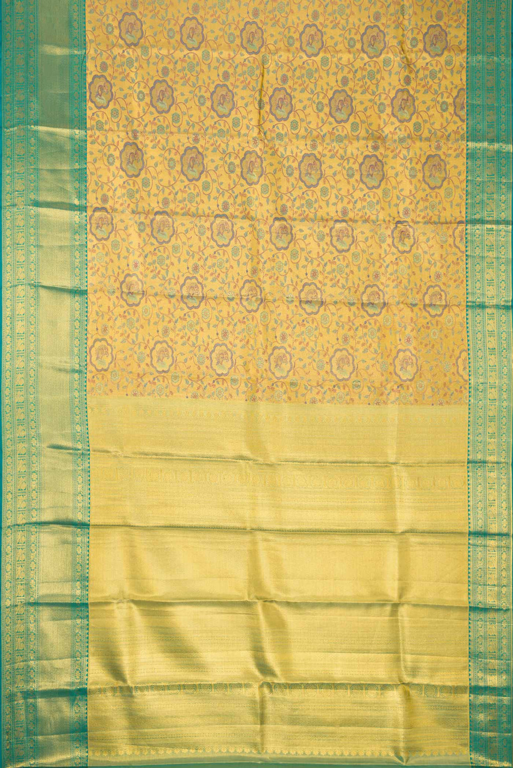 Flat view of Gold Dual Tone Kanchipuram Tissue Silk Saree with Zari Brocade on the body and Zari Border. 