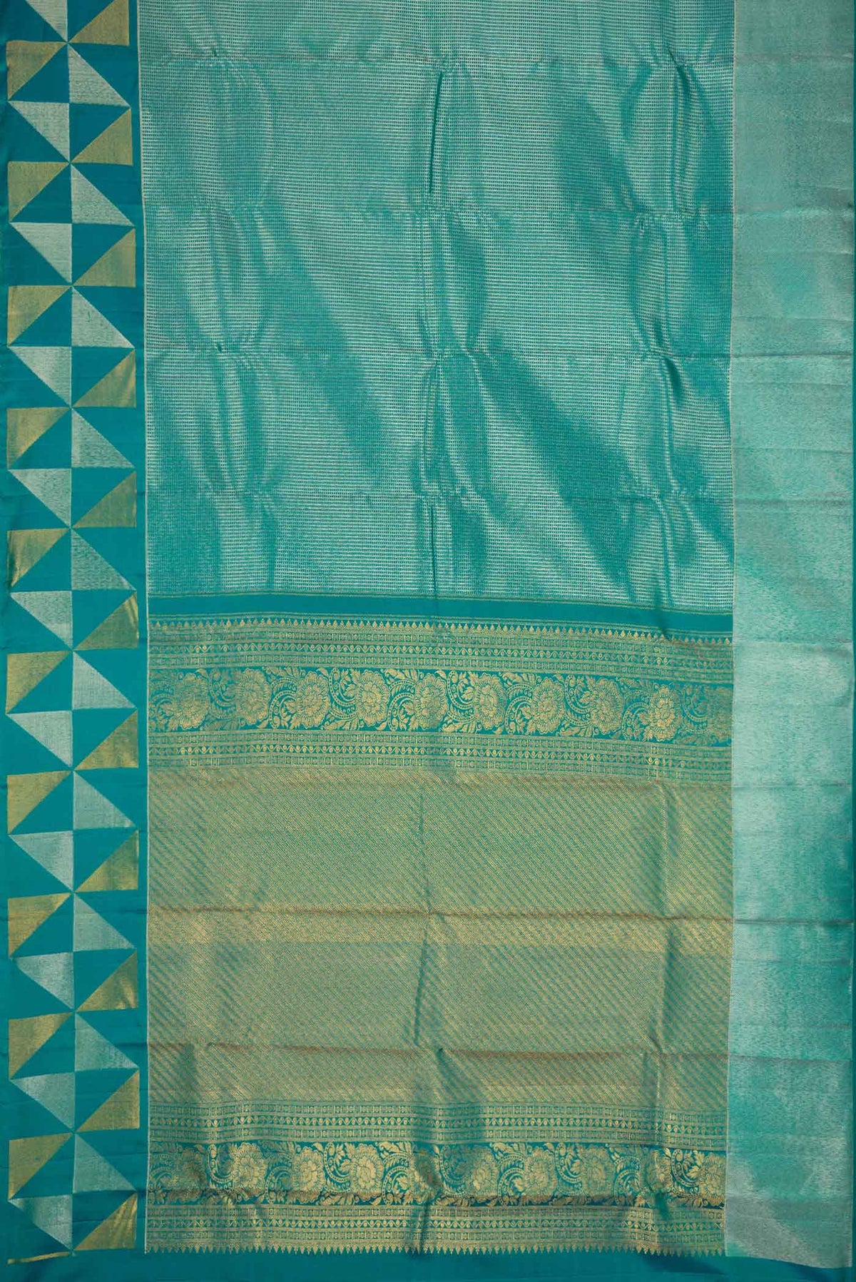 Flat view of Peacock Blue Dual Tone Kanchipuram Silk Saree with Zari Brocade on the body and Fancy Border