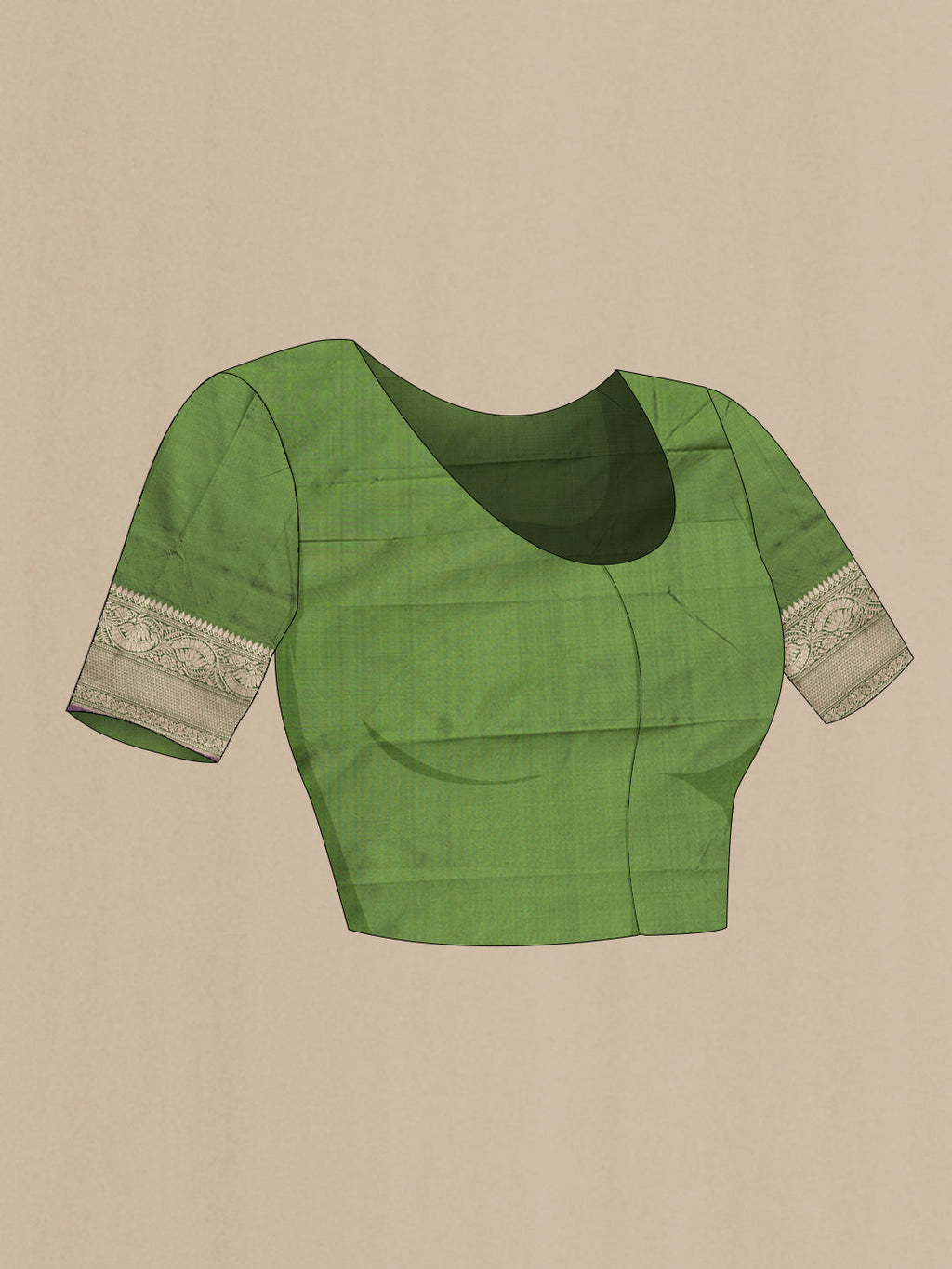 Close up image of the blouse of Mehandi Green Dual Tone Banarasi Silk Saree with Zari Butta on the body and Zari Border. 