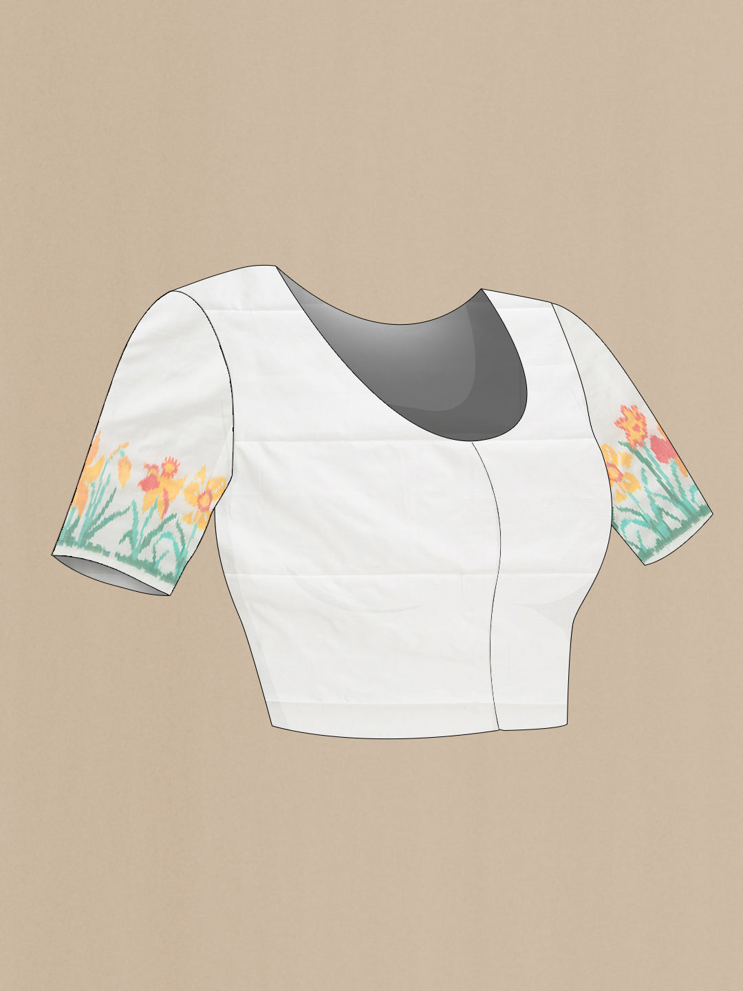 Close up image of the blouse of White Double Ikat Saree with Plain Body and Ikat Border. 