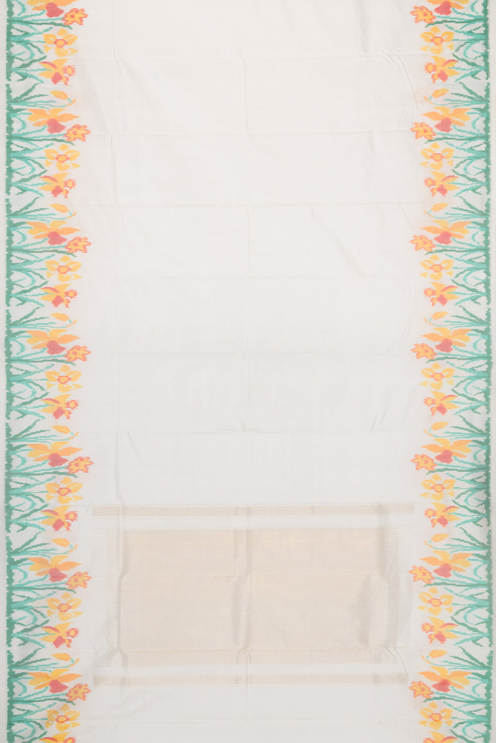 Flat view of White Double Ikat Saree with Plain Body and Ikat Border. 