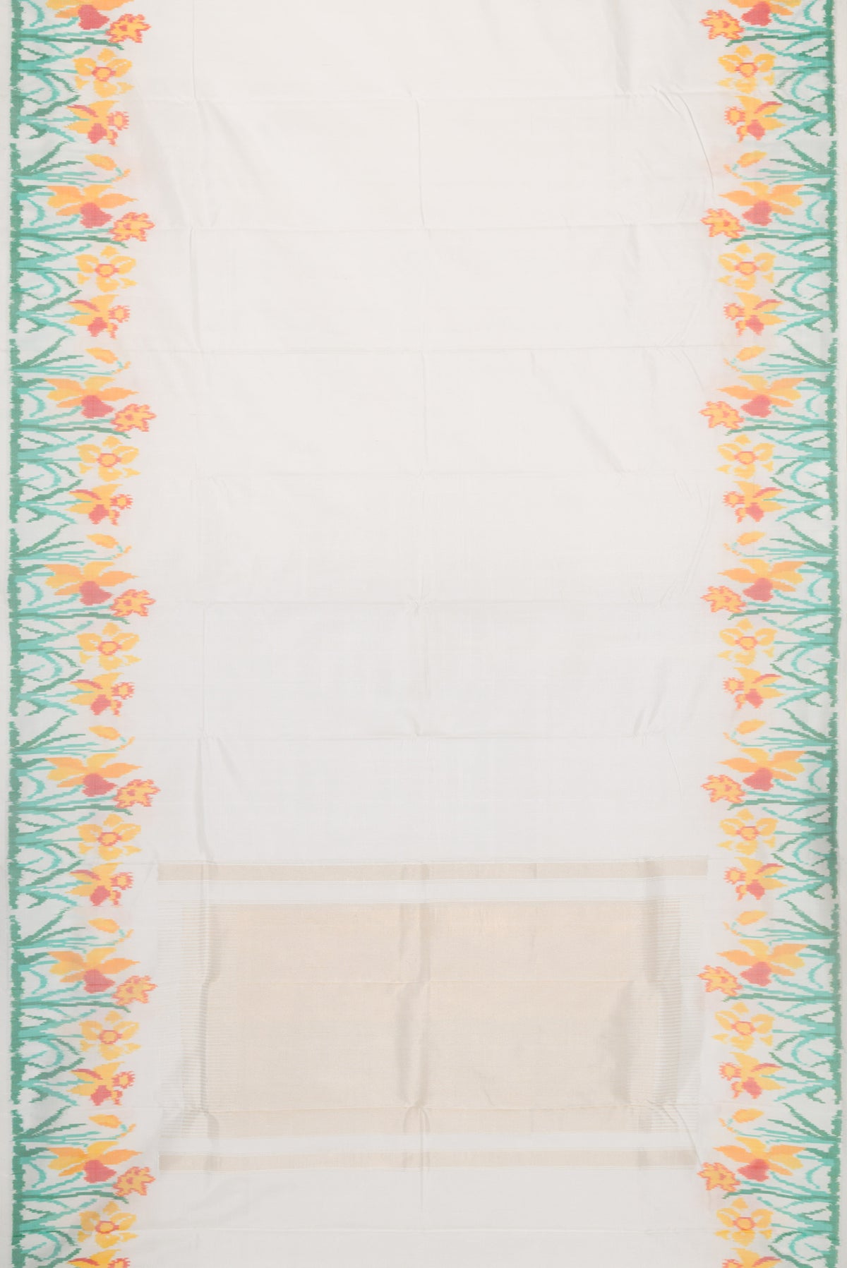 Flat view of White Double Ikat Saree with Plain Body and Ikat Border. 