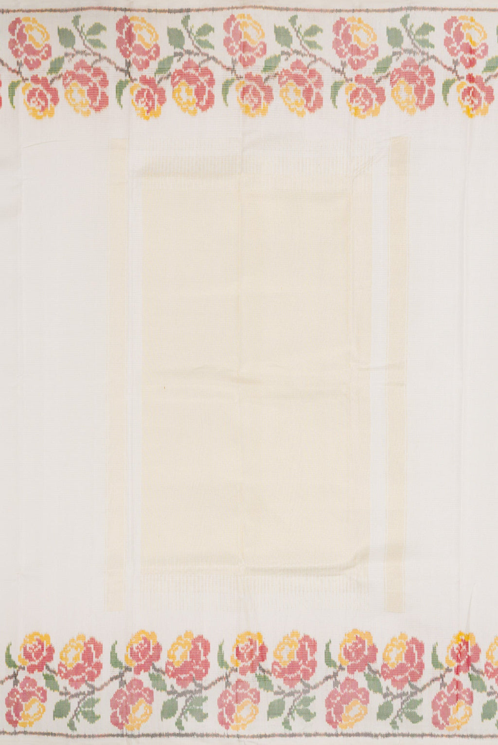 Close up image of the pallu of Off White Dual Tone Double Ikat Saree with Stripes on the body and Ikat Border. 